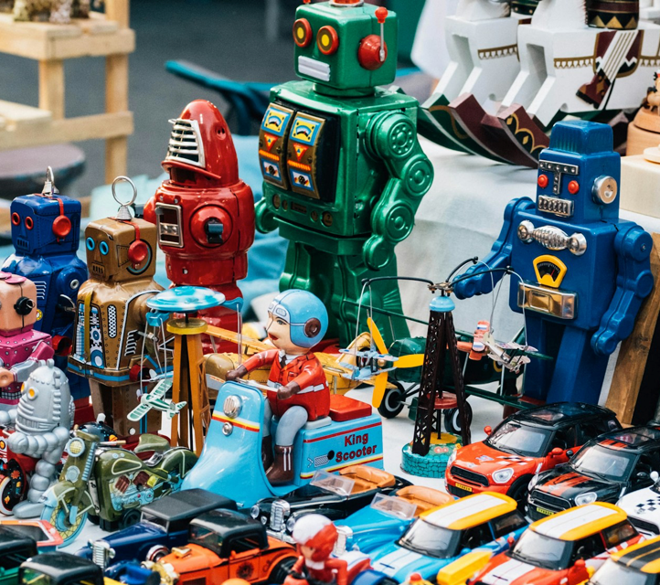 Toys arrayed in a way reminiscent of an army.