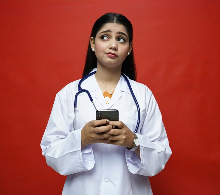 A medical professional holding her phone and showing suspicion on her face.