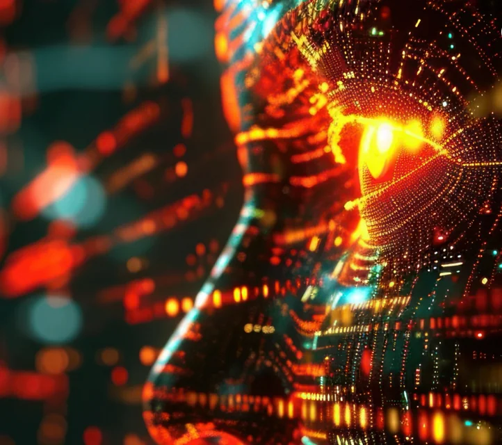 A human-like face seemingly coalescsing from LEDs on a circut board.