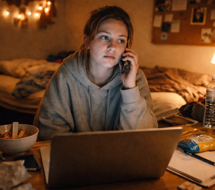 A girl up late at her desk on a phone call in front of an open laptop.