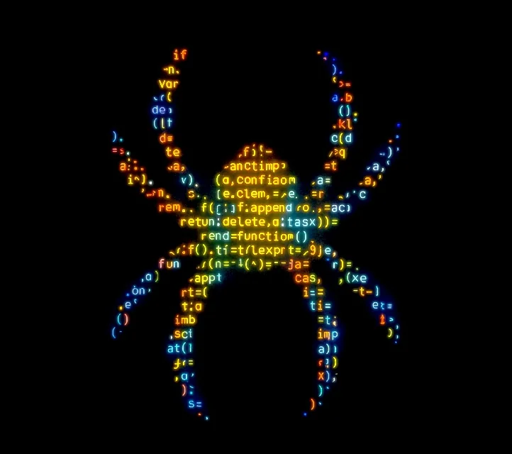 A spider drawn from glowing computer code.