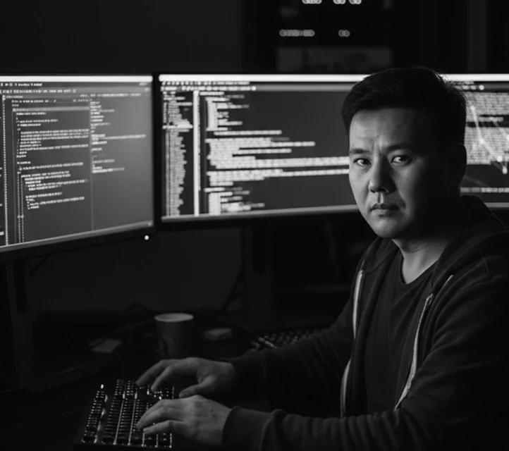 A man at a keyboard with an array of monitors in front of him looking toward the viewer as if he has been interrupted.