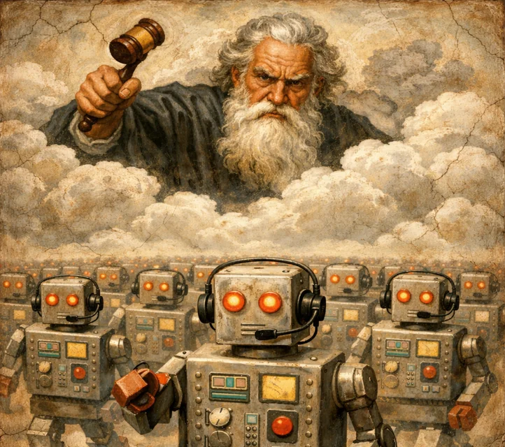 A renaissance-style god in a judge's robe unleashing an army of robots in telemarketer headsets upon the earth below.