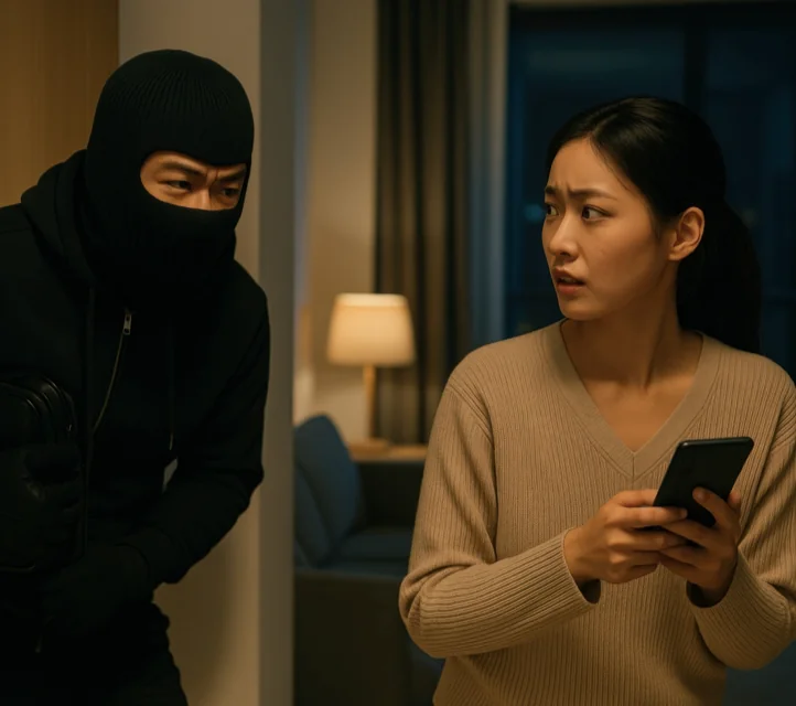 A woman at home looking up from her phone to find that a masked intruder is right beside her.