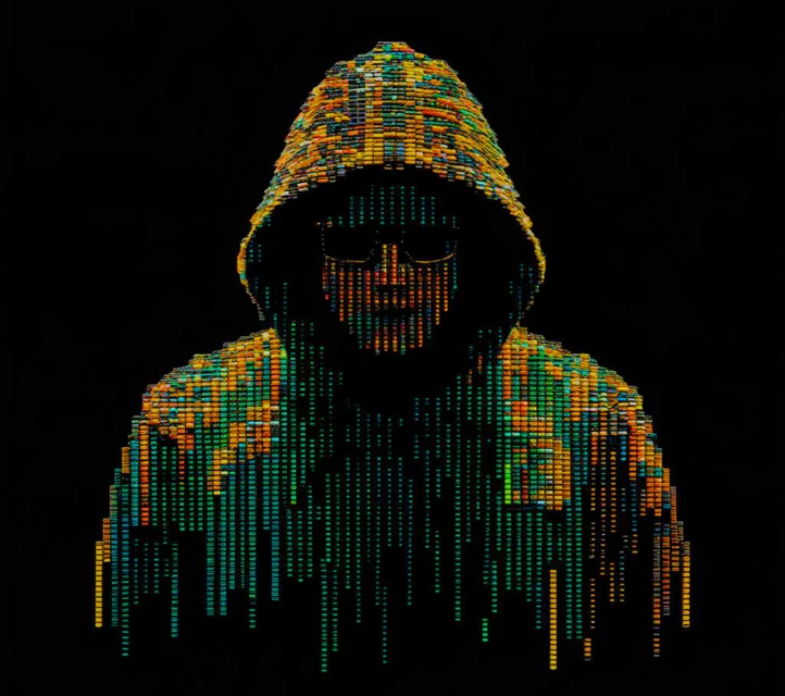 A depiction of a ghostly hacker composed of coarse pixels.