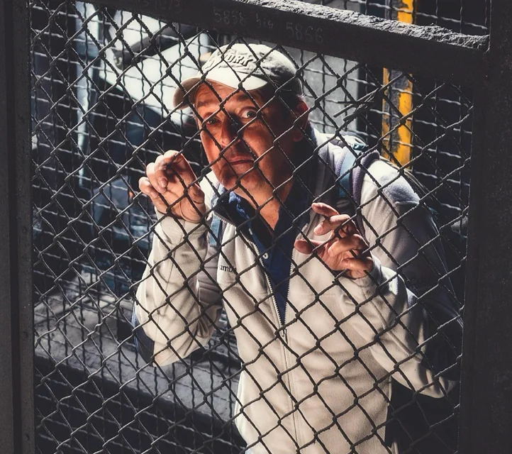 A man in a cage looking crazed.